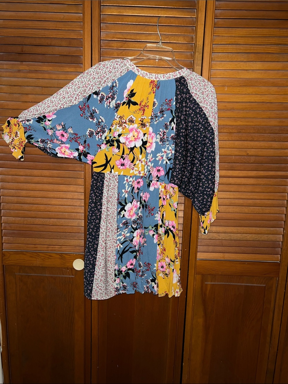 Umgee Multi-Panel Floral Patchwork Mini Dress in Mustard, Blue & Black - Picture 2 of 7